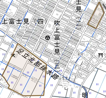 吹上とその周辺の地図。町の範囲を重ねている
