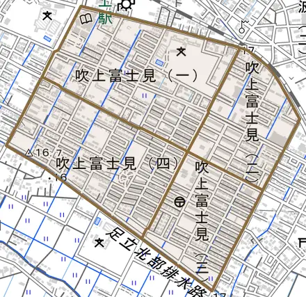 吹上富士見とその周辺の地図。町の範囲を重ねている