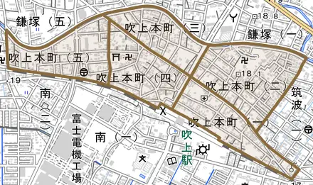 吹上本町とその周辺の地図。町の範囲を重ねている