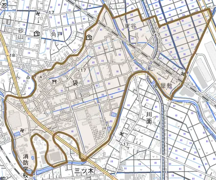 袋とその周辺の地図。町の範囲を重ねている