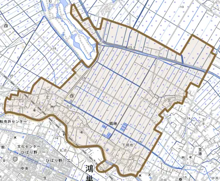 郷地とその周辺の地図。町の範囲を重ねている