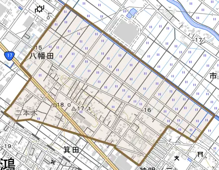 八幡田とその周辺の地図。町の範囲を重ねている