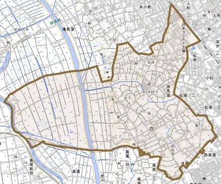 原馬室とその周辺の地図。町の範囲を重ねている