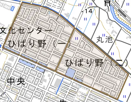 ひばり野とその周辺の地図。町の範囲を重ねている