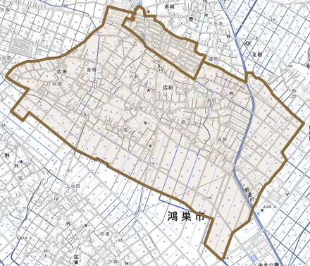 広田とその周辺の地図。町の範囲を重ねている