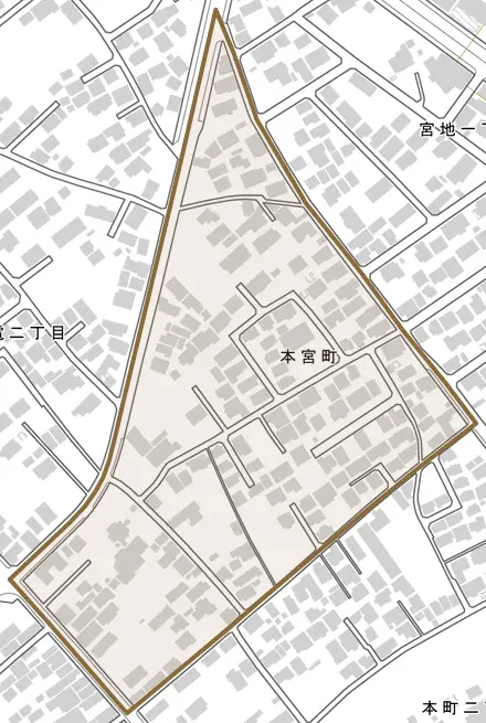 本宮町とその周辺の地図。町の範囲を重ねている
