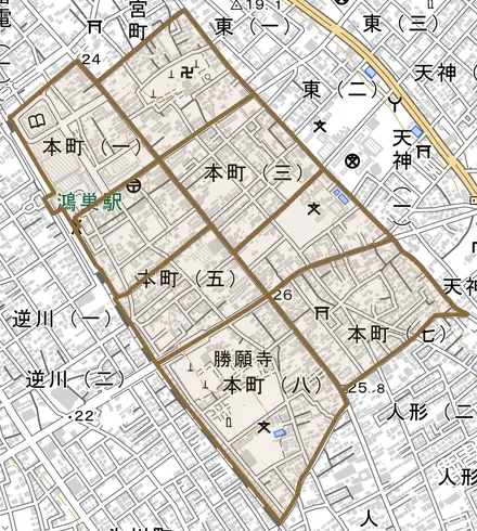 本町とその周辺の地図。町の範囲を重ねている