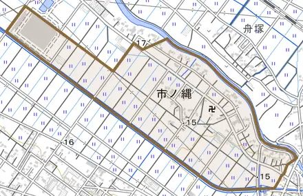 市ノ縄とその周辺の地図。町の範囲を重ねている