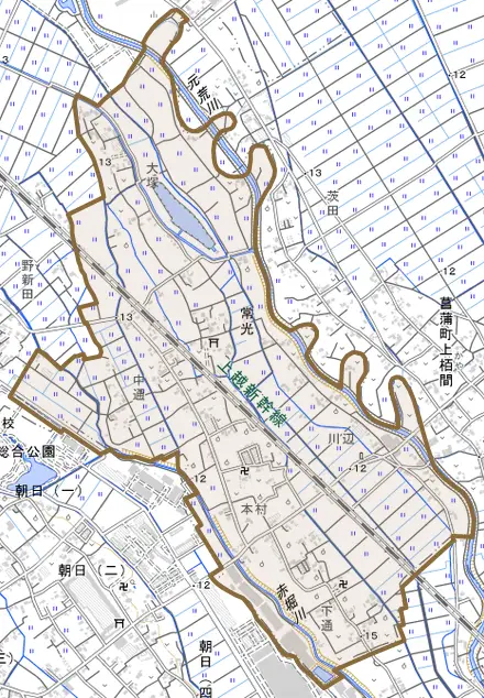 常光とその周辺の地図。町の範囲を重ねている