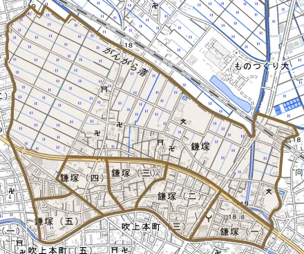 鎌塚とその周辺の地図。町の範囲を重ねている