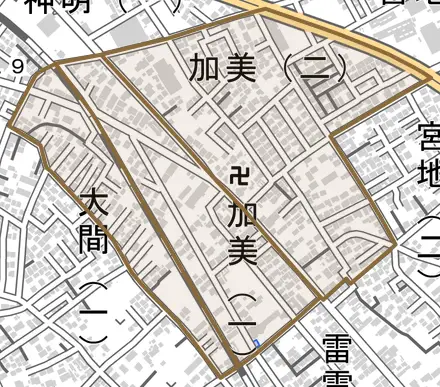 加美とその周辺の地図。町の範囲を重ねている