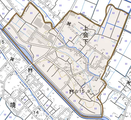 上会下とその周辺の地図。町の範囲を重ねている