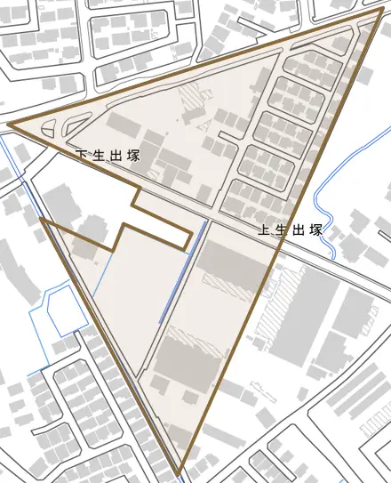 上生出塚とその周辺の地図。町の範囲を重ねている