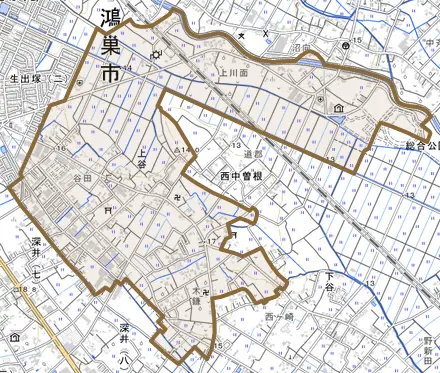 上谷とその周辺の地図。町の範囲を重ねている