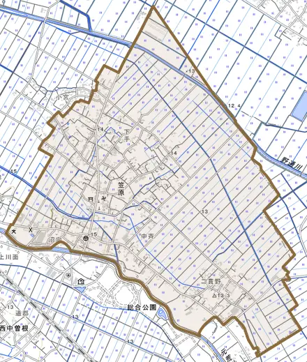 笠原とその周辺の地図。町の範囲を重ねている