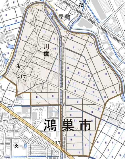 川面とその周辺の地図。町の範囲を重ねている