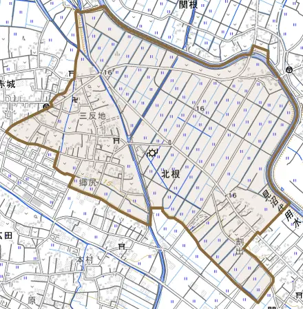 北根とその周辺の地図。町の範囲を重ねている