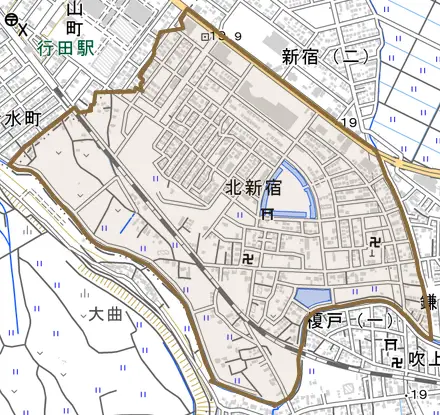 北新宿とその周辺の地図。町の範囲を重ねている