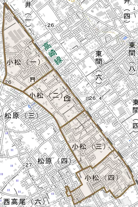 小松とその周辺の地図。町の範囲を重ねている
