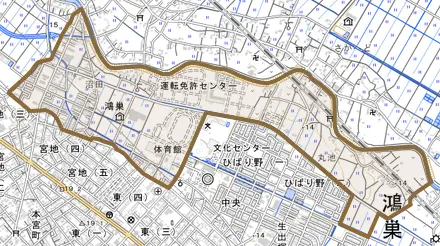 鴻巣とその周辺の地図。町の範囲を重ねている
