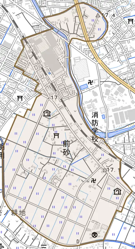 前砂とその周辺の地図。町の範囲を重ねている