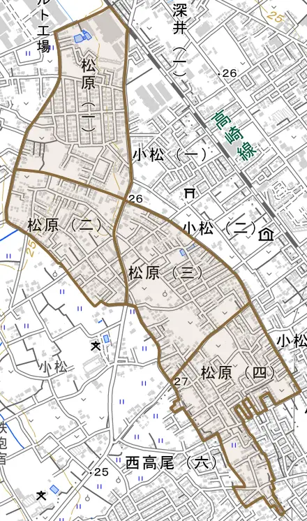 松原とその周辺の地図。町の範囲を重ねている