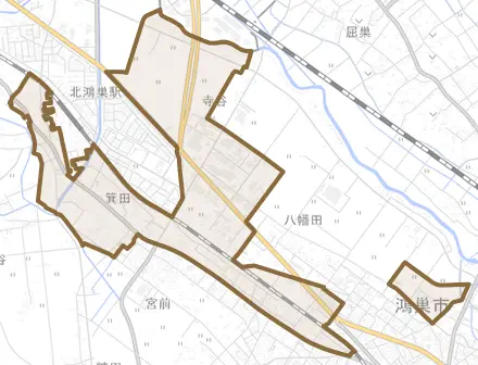 箕田とその周辺の地図。町の範囲を重ねている