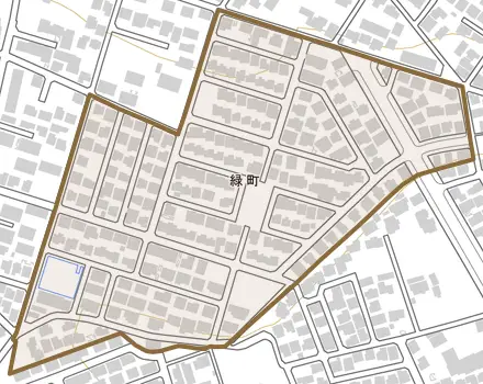 緑町とその周辺の地図。町の範囲を重ねている