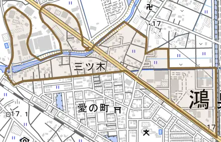 三ツ木とその周辺の地図。町の範囲を重ねている