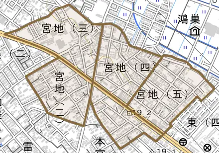 宮地とその周辺の地図。町の範囲を重ねている