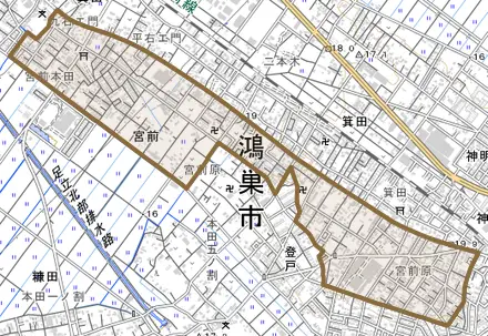 宮前とその周辺の地図。町の範囲を重ねている