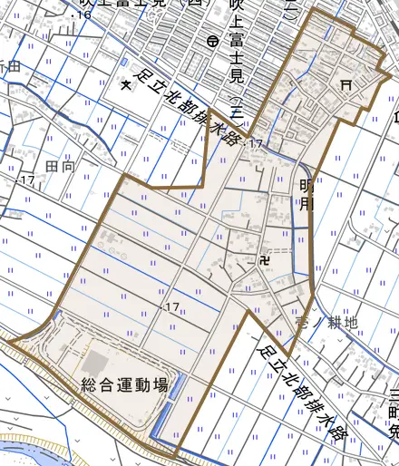 明用とその周辺の地図。町の範囲を重ねている