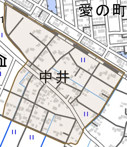中井とその周辺の地図。町の範囲を重ねている