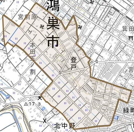 登戸とその周辺の地図。町の範囲を重ねている
