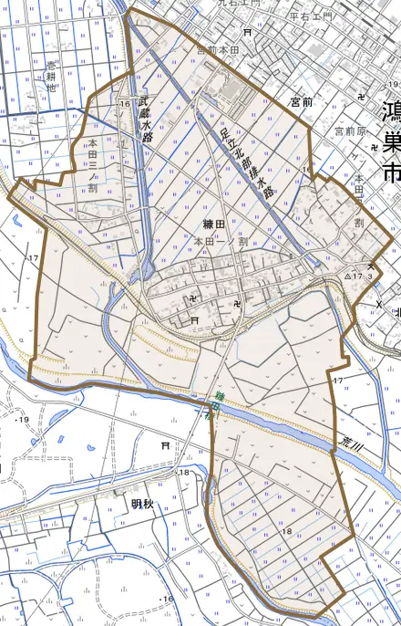 糠田とその周辺の地図。町の範囲を重ねている