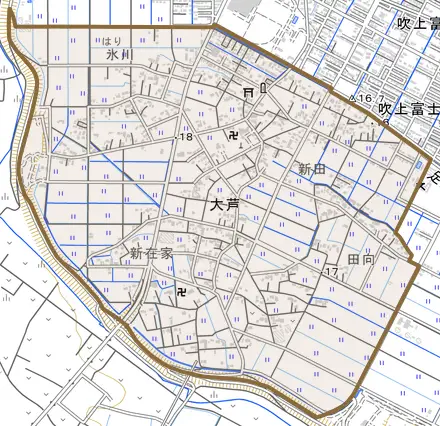 大芦とその周辺の地図。町の範囲を重ねている
