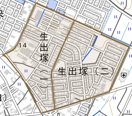 生出塚とその周辺の地図。町の範囲を重ねている