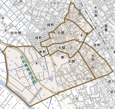 大間とその周辺の地図。町の範囲を重ねている