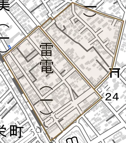 雷電とその周辺の地図。町の範囲を重ねている