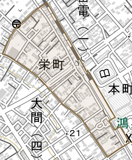 栄町とその周辺の地図。町の範囲を重ねている
