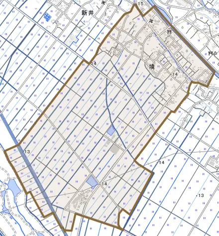 境とその周辺の地図。町の範囲を重ねている
