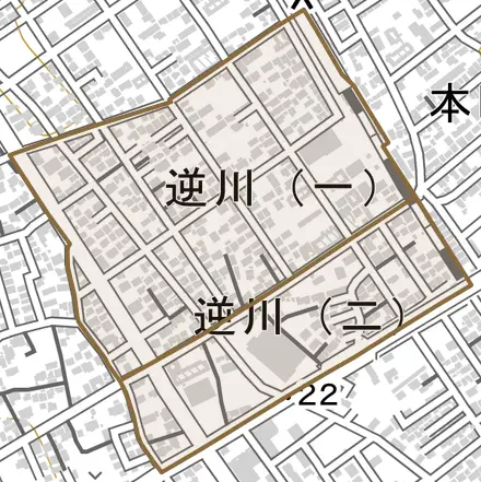 逆川とその周辺の地図。町の範囲を重ねている