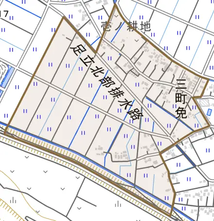 三町免とその周辺の地図。町の範囲を重ねている