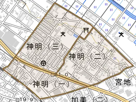 神明とその周辺の地図。町の範囲を重ねている