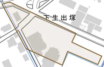 下生出塚とその周辺の地図。町の範囲を重ねている