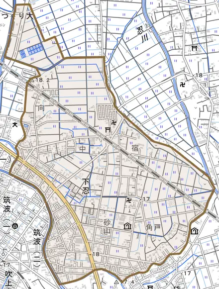 下忍とその周辺の地図。町の範囲を重ねている