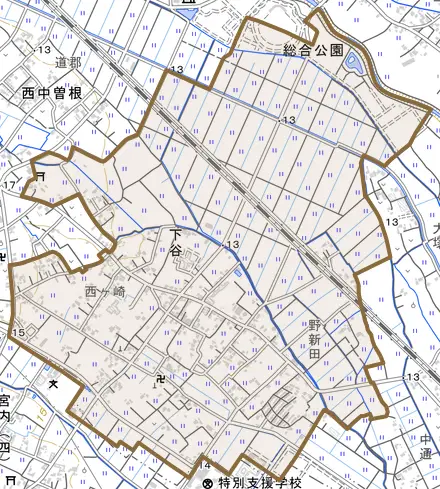 下谷とその周辺の地図。町の範囲を重ねている