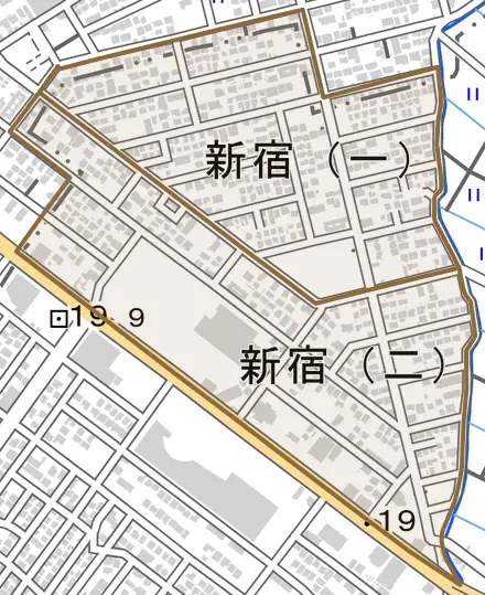 新宿とその周辺の地図。町の範囲を重ねている