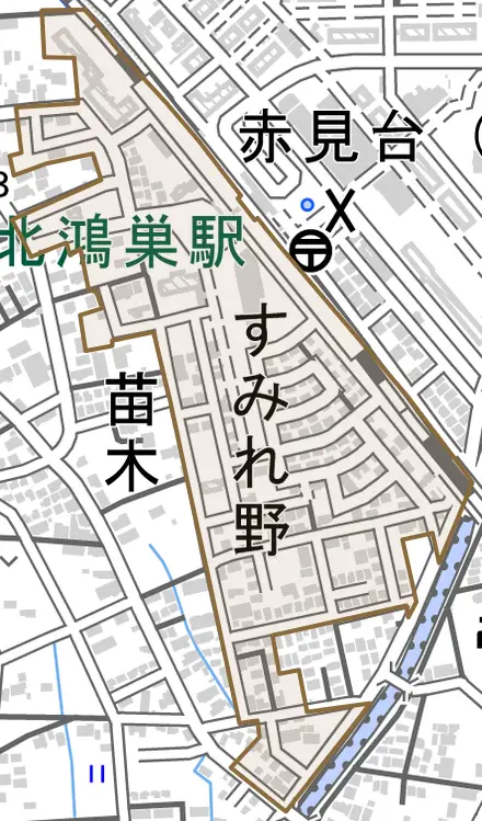 すみれ野とその周辺の地図。町の範囲を重ねている