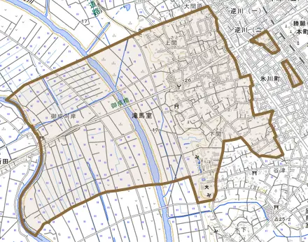 滝馬室とその周辺の地図。町の範囲を重ねている